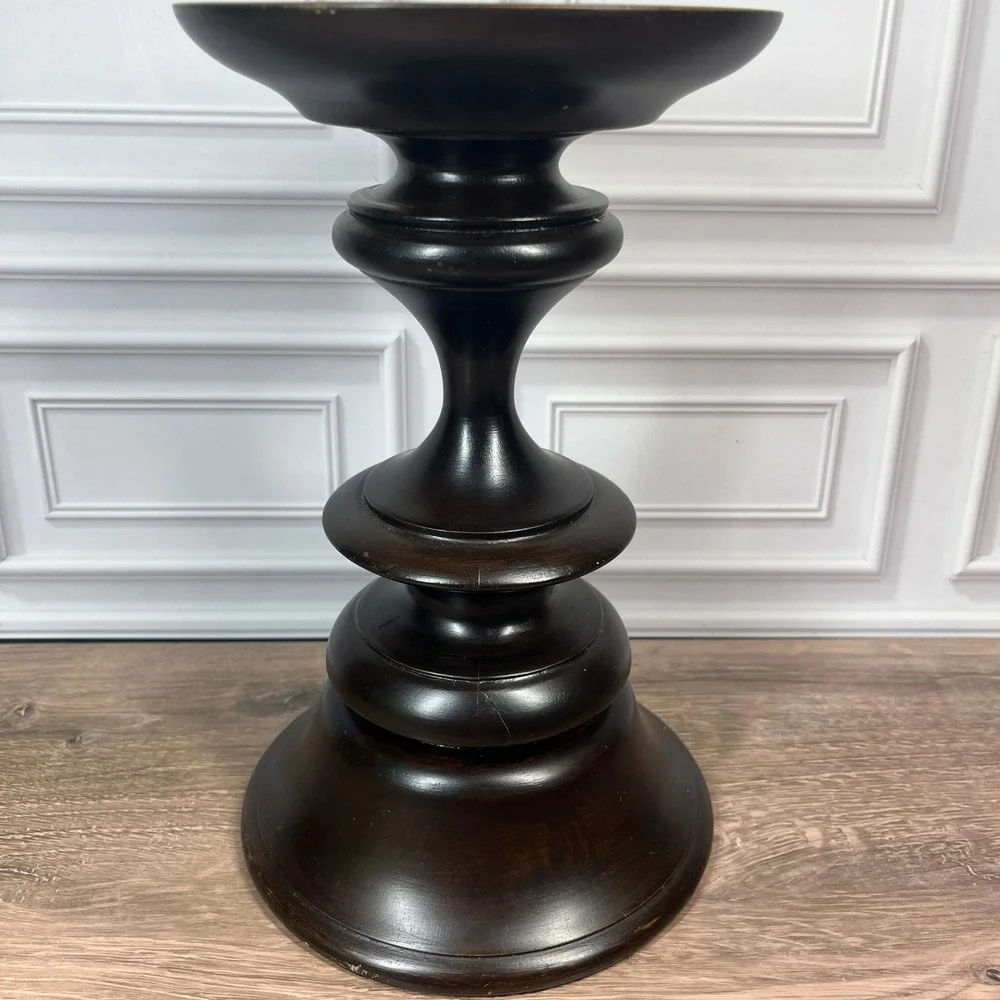 Pottery Barn Turned Wood Pillar Candle Holder Set 2 10in Dark Brown Espresso